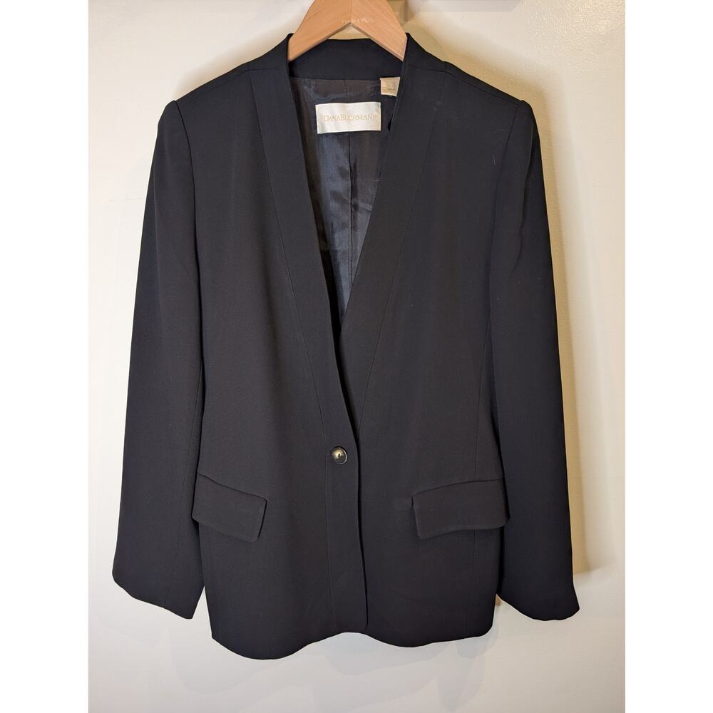 Dana Buchman Black Collarless One Button Blazer Size 8 Structured Shoulder 80s